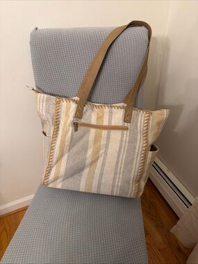 Canvas Striped Tote Bag by Sun and Sand in Beige and Cream with faux leather